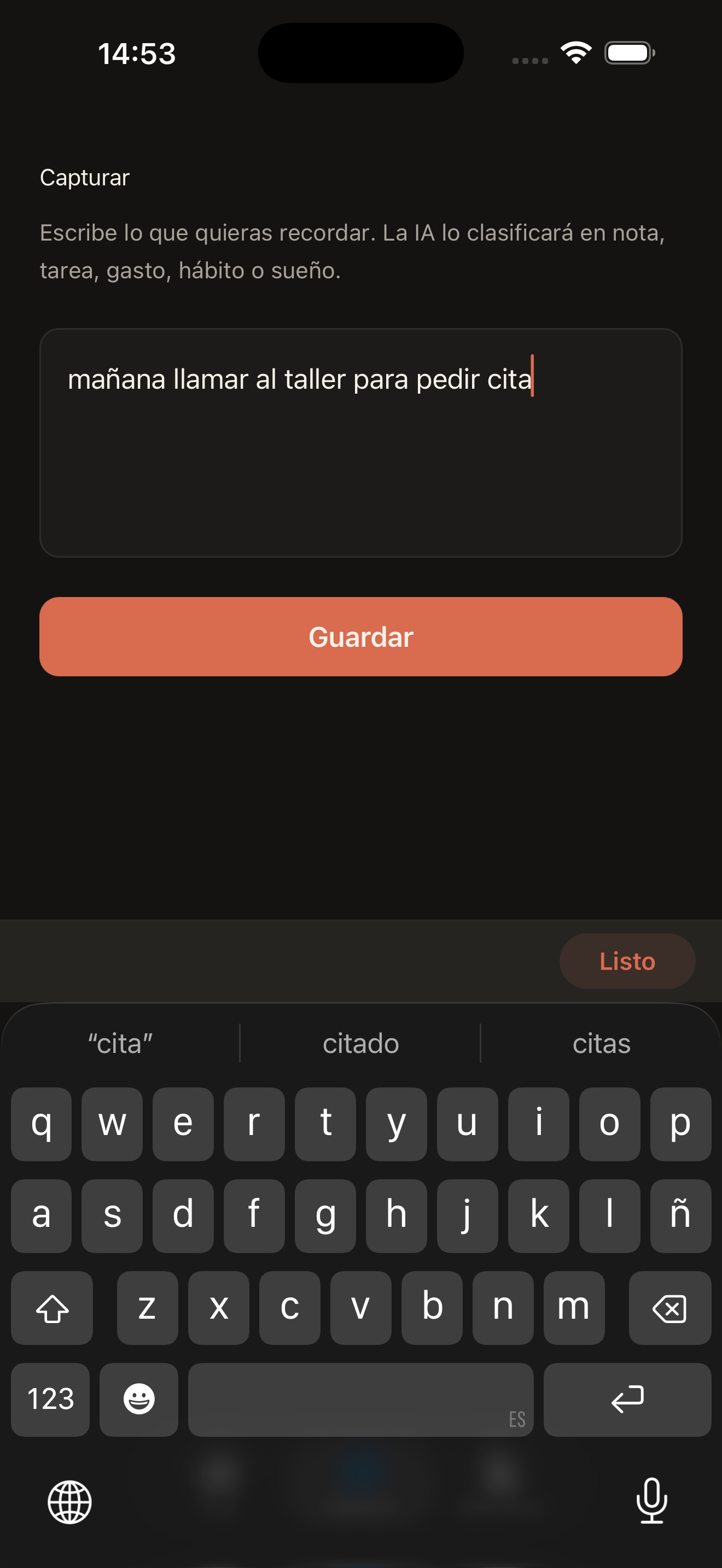 CoreOS Capture screen with a free-form text field and save button