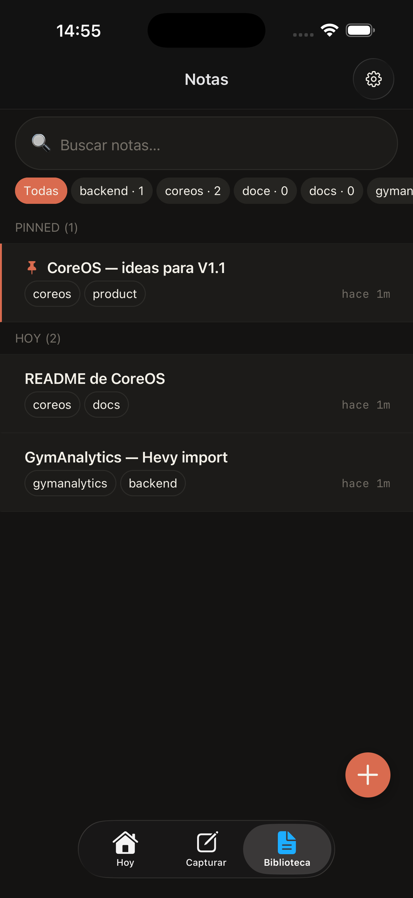 CoreOS Library screen with searchable, tagged notes